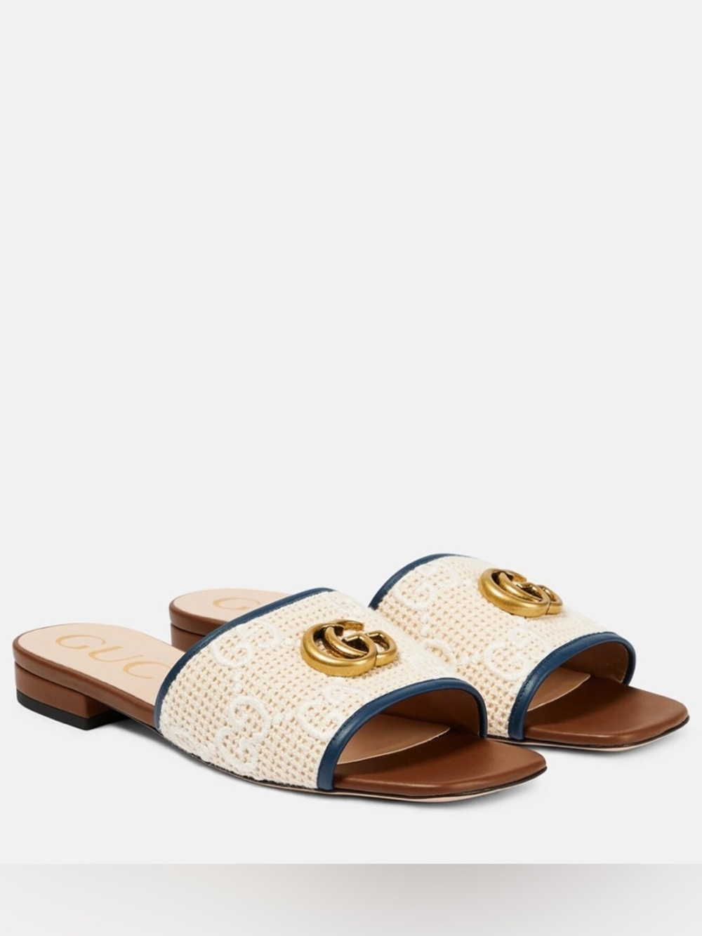 Gucci Cream Raffia Slide Sandals with Gold Double G crochet 39